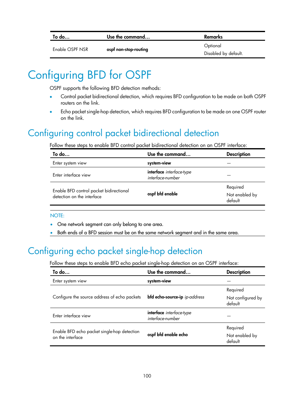 Configuring bfd for ospf, Configuring control packet bidirectional detection, Configuring echo packet single-hop detection | H3C Technologies H3C S10500 Series Switches User Manual | Page 115 / 397