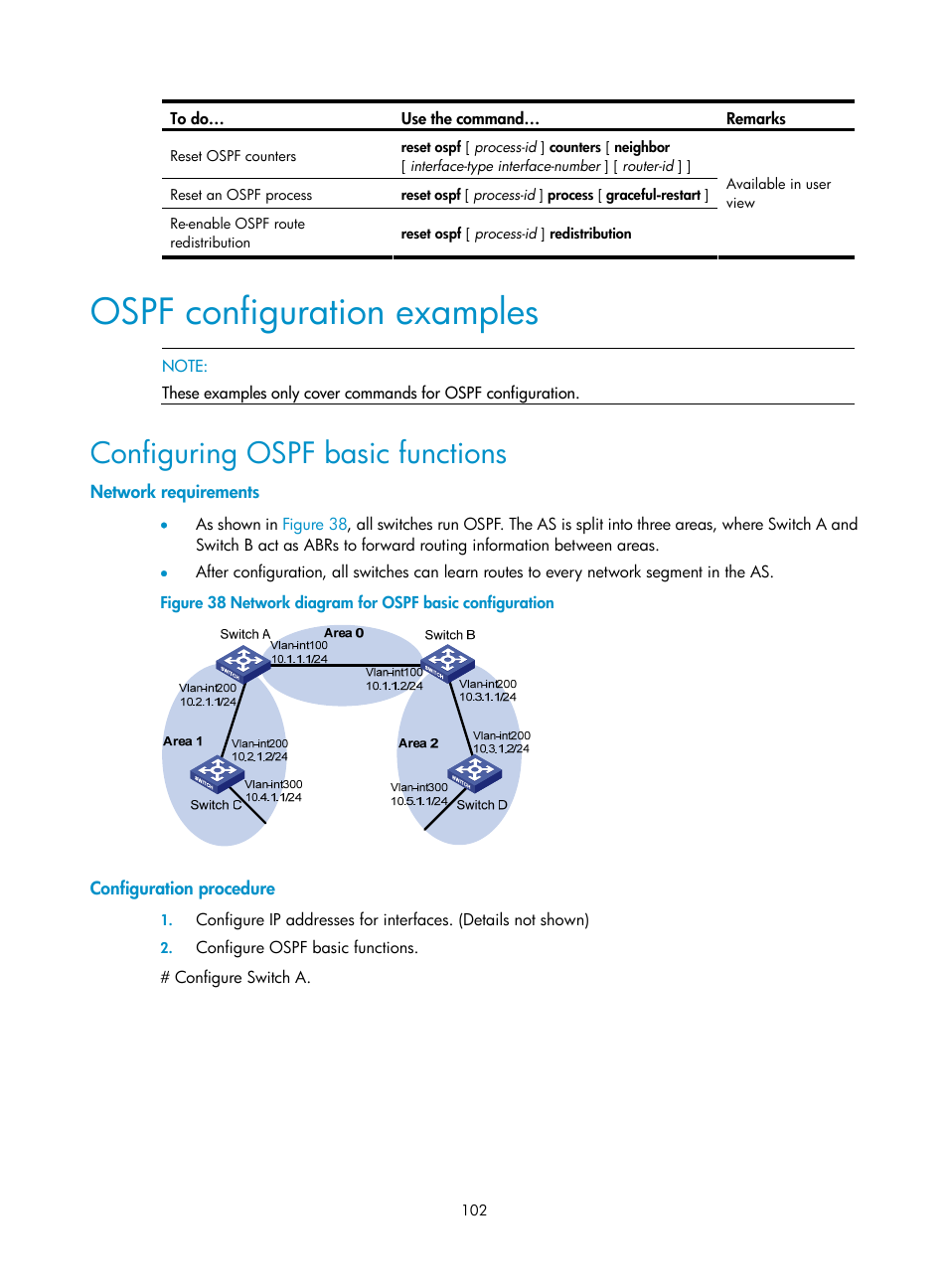 Ospf configuration examples, Configuring ospf basic functions, Network requirements | Configuration procedure | H3C Technologies H3C S10500 Series Switches User Manual | Page 117 / 397