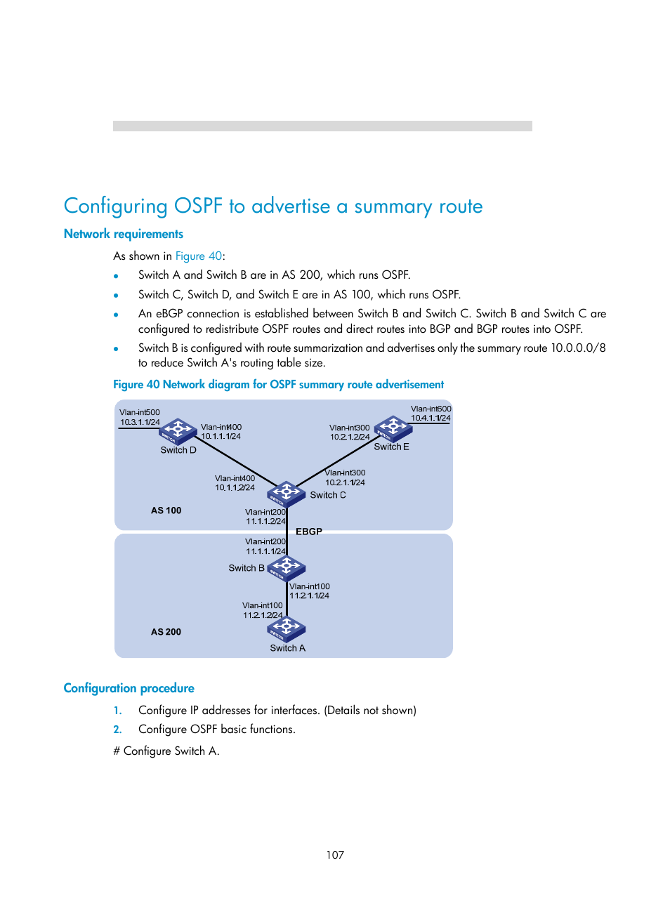 Configuring ospf to advertise a summary route, Network requirements, Configuration procedure | H3C Technologies H3C S10500 Series Switches User Manual | Page 122 / 397