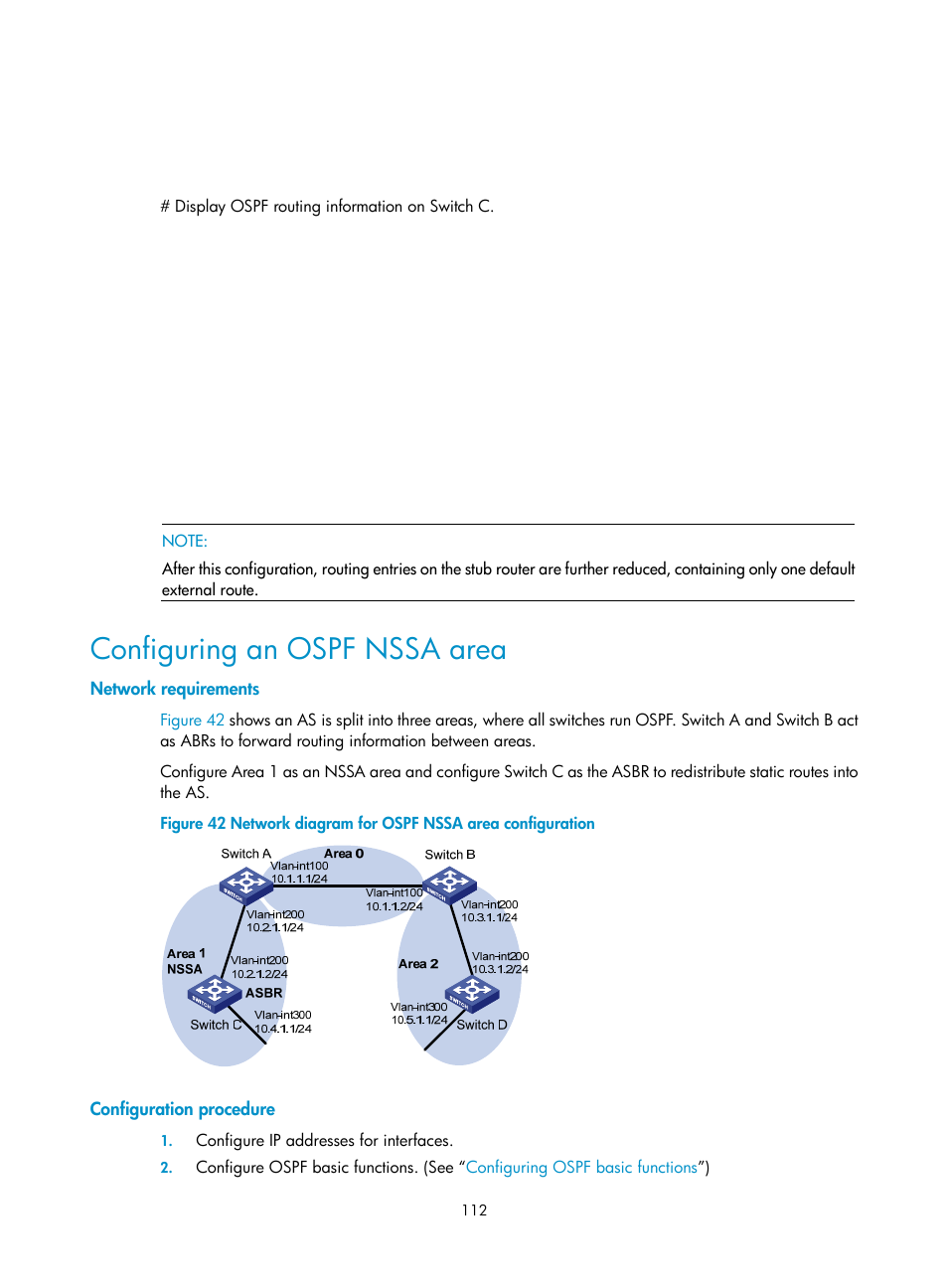 Configuring an ospf nssa area, Network requirements, Configuration procedure | H3C Technologies H3C S10500 Series Switches User Manual | Page 127 / 397