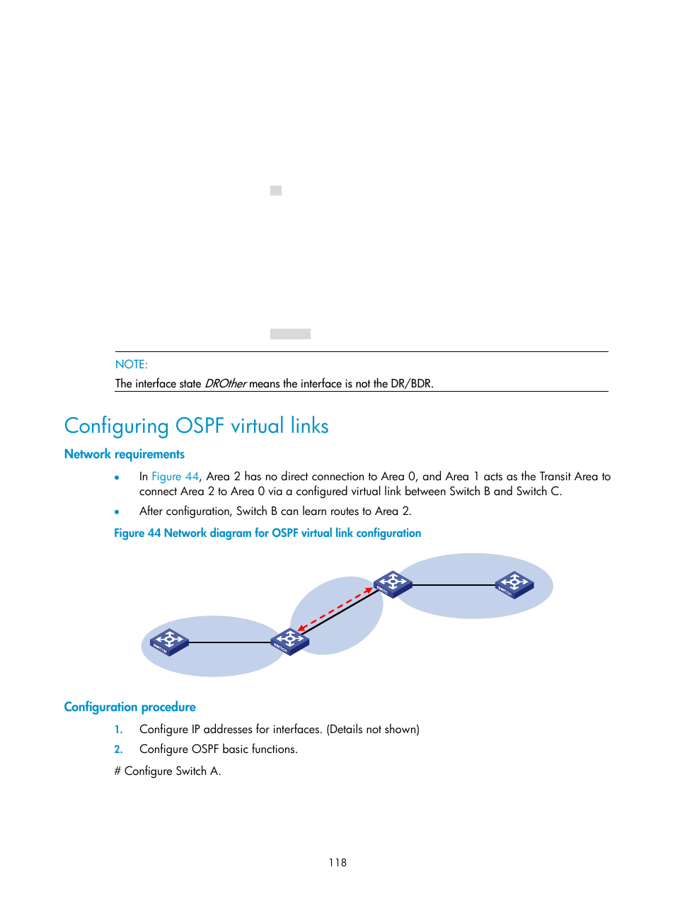 Configuring ospf virtual links, Network requirements, Configuration procedure | H3C Technologies H3C S10500 Series Switches User Manual | Page 133 / 397