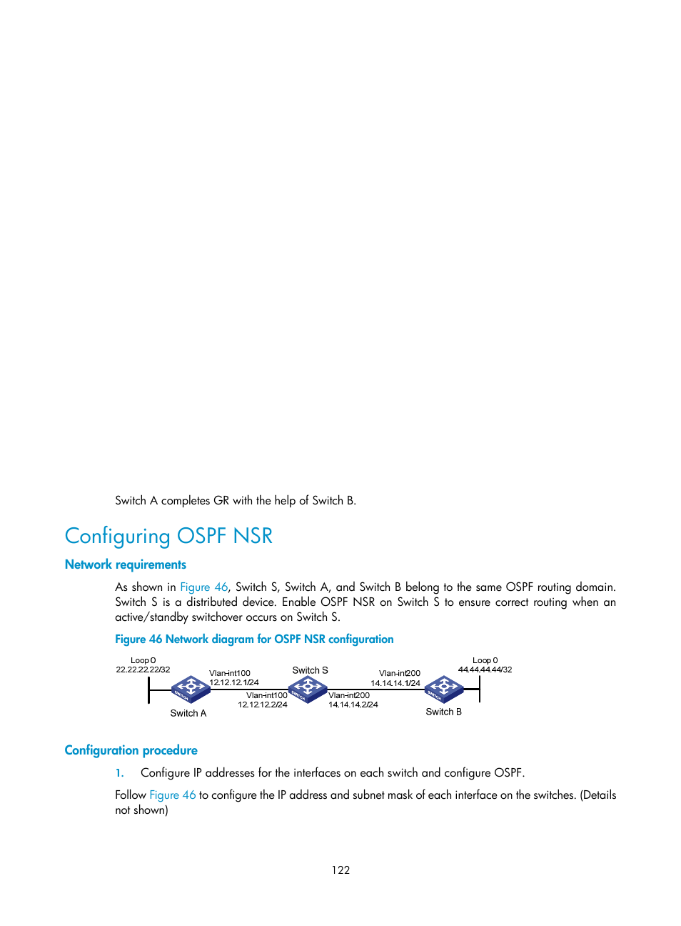 Configuring ospf nsr, Network requirements, Configuration procedure | H3C Technologies H3C S10500 Series Switches User Manual | Page 137 / 397
