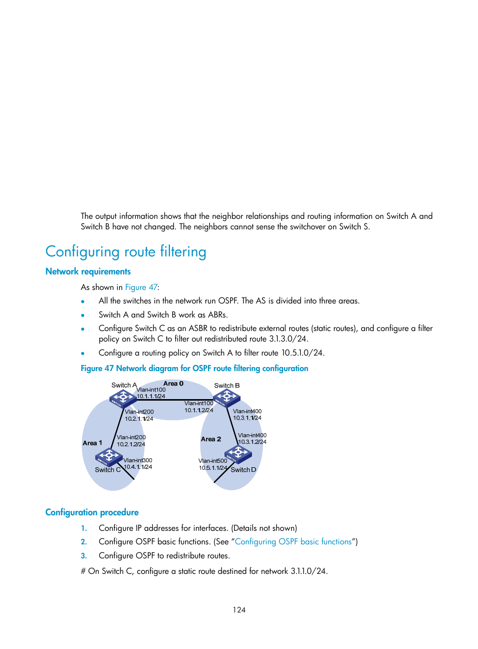 Configuring route filtering, Network requirements, Configuration procedure | H3C Technologies H3C S10500 Series Switches User Manual | Page 139 / 397