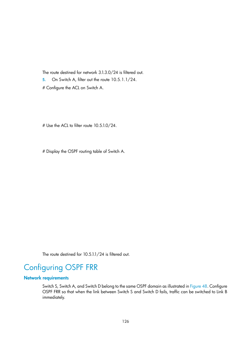 Configuring ospf frr, Network requirements | H3C Technologies H3C S10500 Series Switches User Manual | Page 141 / 397