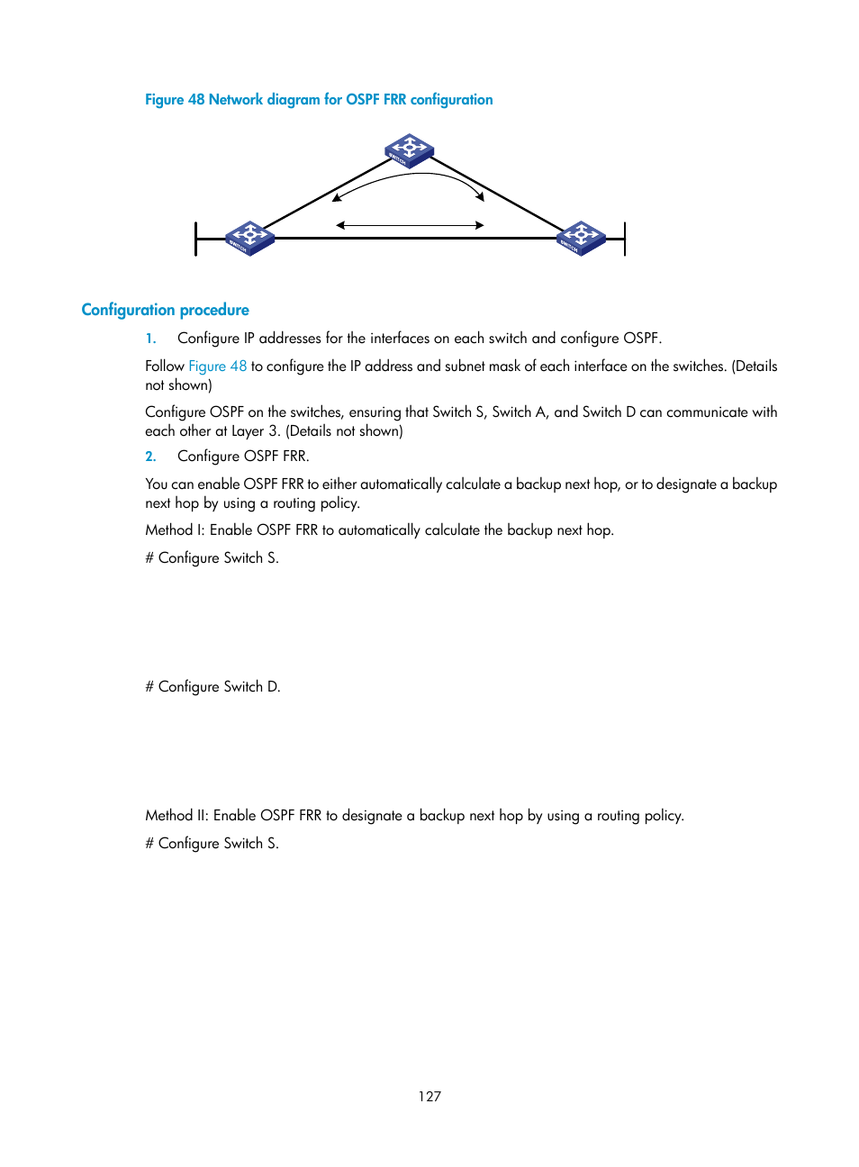 Configuration procedure, Configure switch d | H3C Technologies H3C S10500 Series Switches User Manual | Page 142 / 397