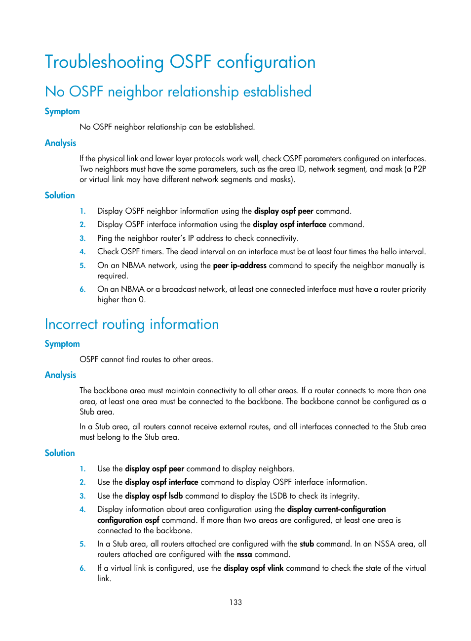Troubleshooting ospf configuration, No ospf neighbor relationship established, Symptom | Analysis, Solution, Incorrect routing information | H3C Technologies H3C S10500 Series Switches User Manual | Page 148 / 397