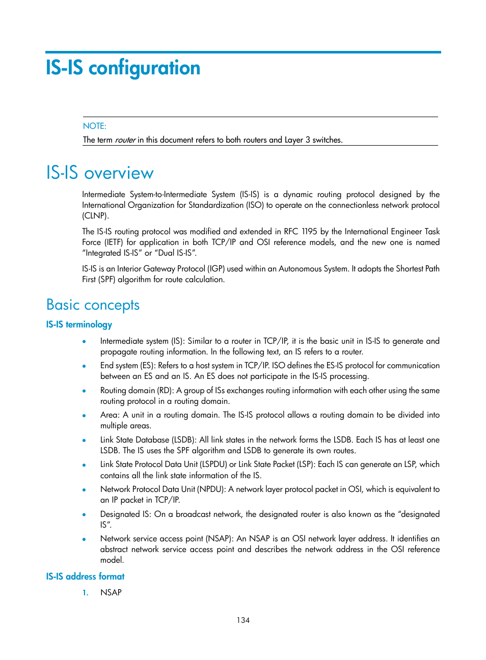 Is-is configuration, Is-is overview, Basic concepts | Is-is terminology, Is-is address format | H3C Technologies H3C S10500 Series Switches User Manual | Page 149 / 397