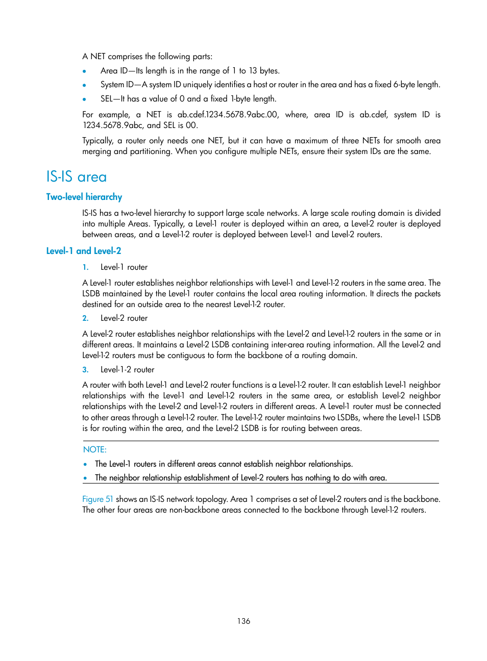 Is-is area, Two-level hierarchy, Level-1 and level-2 | H3C Technologies H3C S10500 Series Switches User Manual | Page 151 / 397