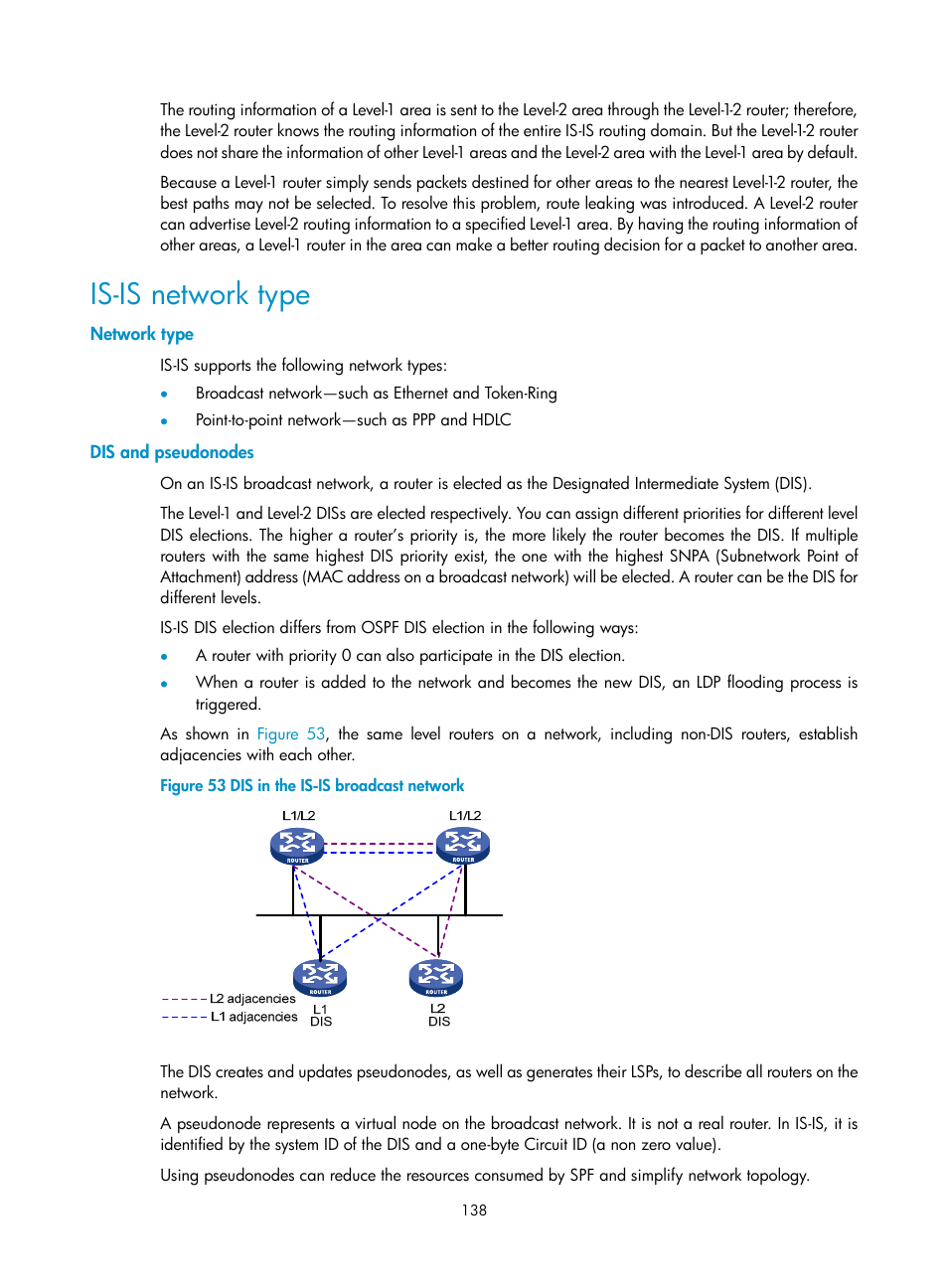 Is-is network type, Network type, Dis and pseudonodes | H3C Technologies H3C S10500 Series Switches User Manual | Page 153 / 397