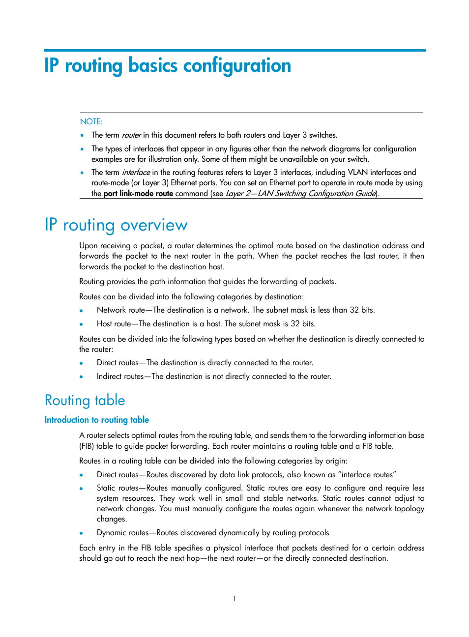 Ip routing basics configuration, Ip routing overview, Routing table | Introduction to routing table | H3C Technologies H3C S10500 Series Switches User Manual | Page 16 / 397