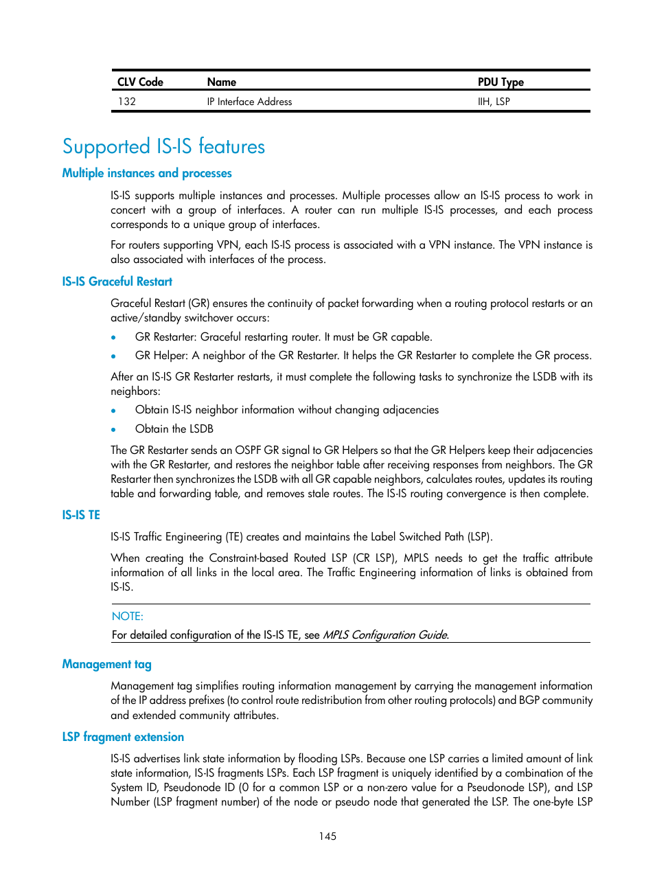 Supported is-is features, Multiple instances and processes, Is-is graceful restart | Is-is te, Management tag, Lsp fragment extension | H3C Technologies H3C S10500 Series Switches User Manual | Page 160 / 397