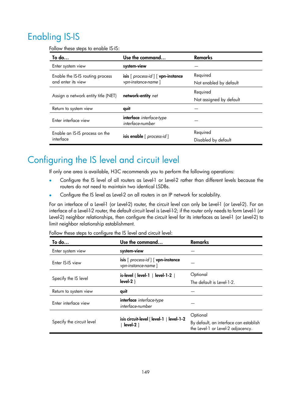 Enabling is-is, Configuring the is level and circuit level | H3C Technologies H3C S10500 Series Switches User Manual | Page 164 / 397