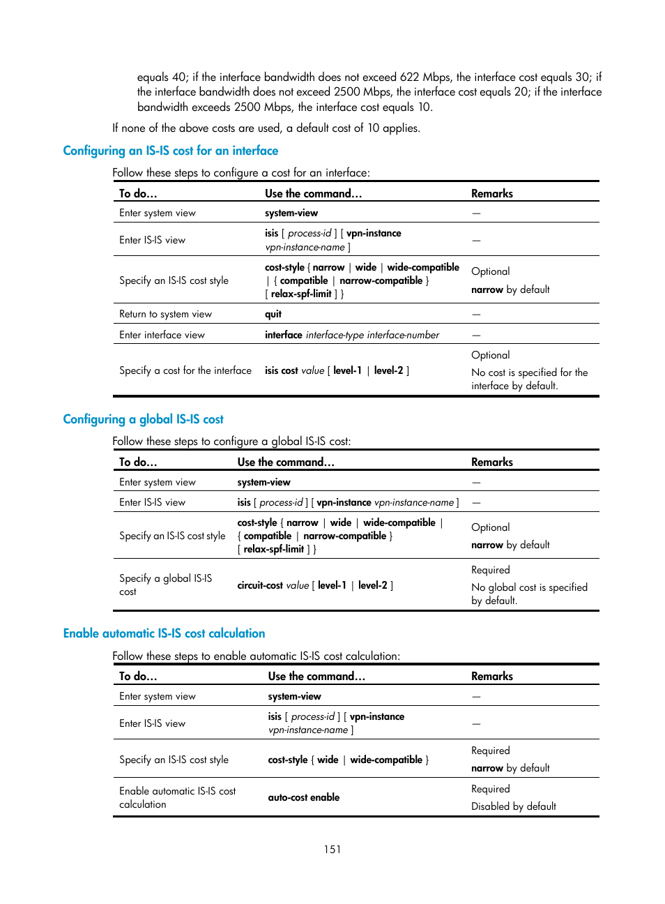 Configuring an is-is cost for an interface, Configuring a global is-is cost, Enable automatic is-is cost calculation | H3C Technologies H3C S10500 Series Switches User Manual | Page 166 / 397