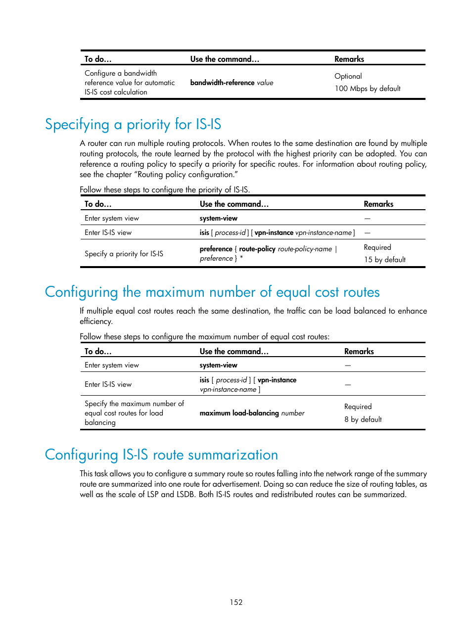 Specifying a priority for is-is, Configuring is-is route summarization | H3C Technologies H3C S10500 Series Switches User Manual | Page 167 / 397