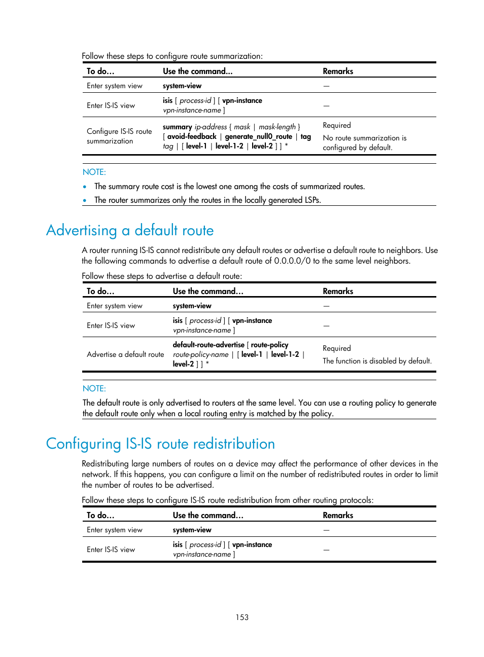 Advertising a default route, Configuring is-is route redistribution | H3C Technologies H3C S10500 Series Switches User Manual | Page 168 / 397