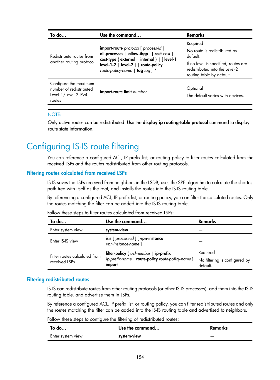 Configuring is-is route filtering, Filtering routes calculated from received lsps, Filtering redistributed routes | H3C Technologies H3C S10500 Series Switches User Manual | Page 169 / 397