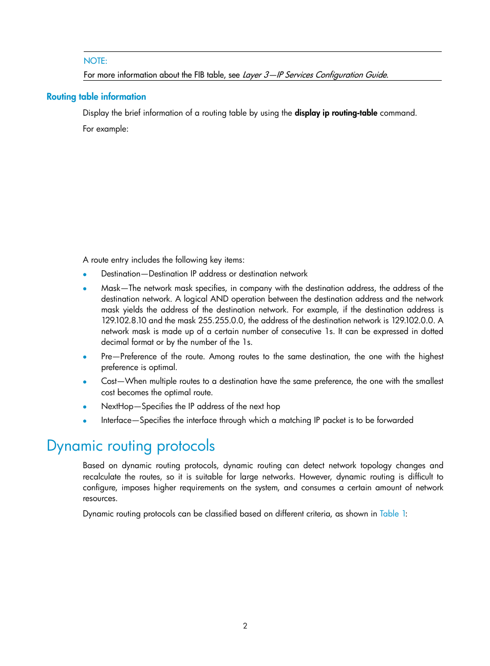 Routing table information, Dynamic routing protocols | H3C Technologies H3C S10500 Series Switches User Manual | Page 17 / 397