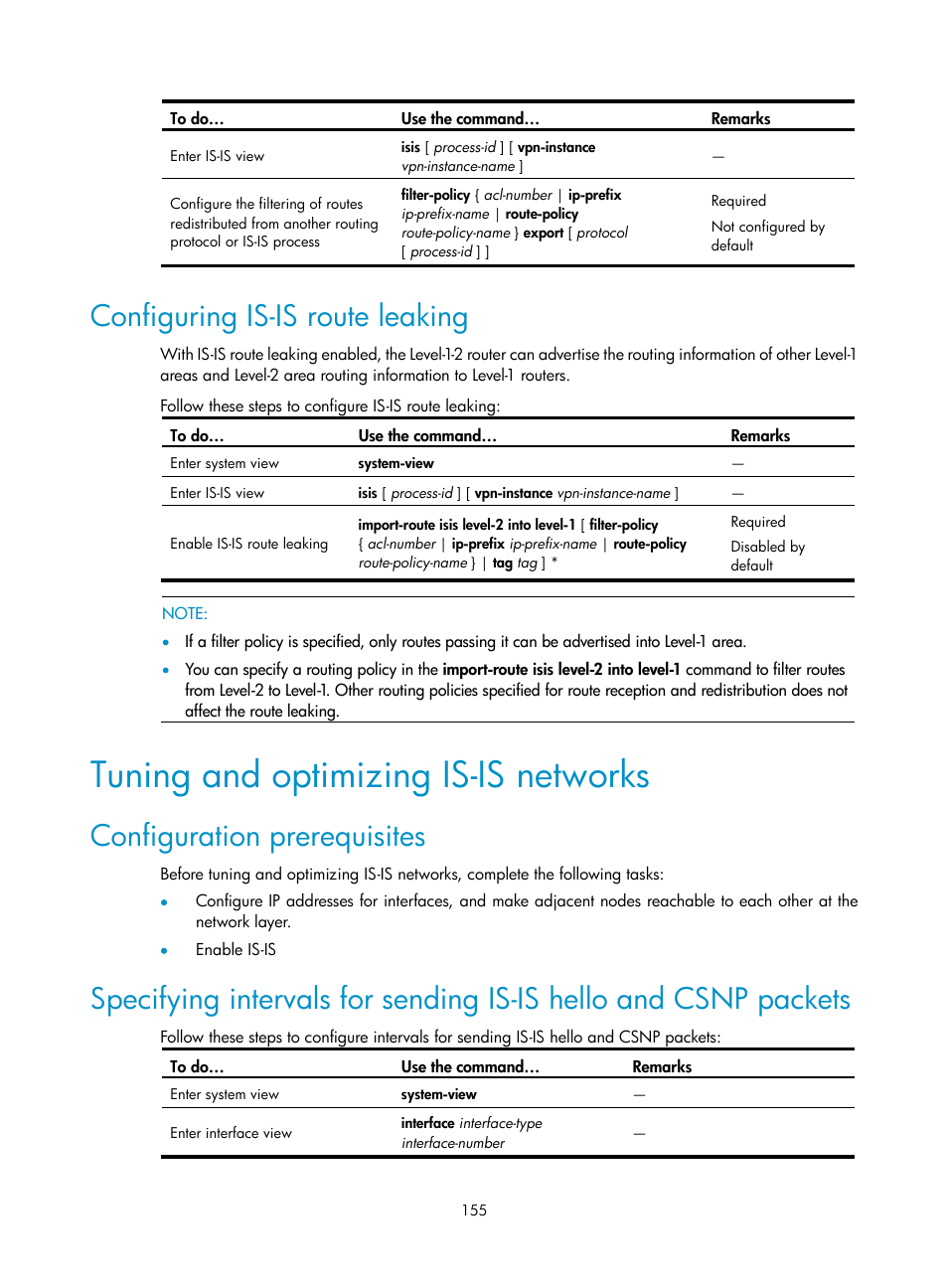 Configuring is-is route leaking, Tuning and optimizing is-is networks, Configuration prerequisites | Tuning and optimizing is-is, Networks | H3C Technologies H3C S10500 Series Switches User Manual | Page 170 / 397