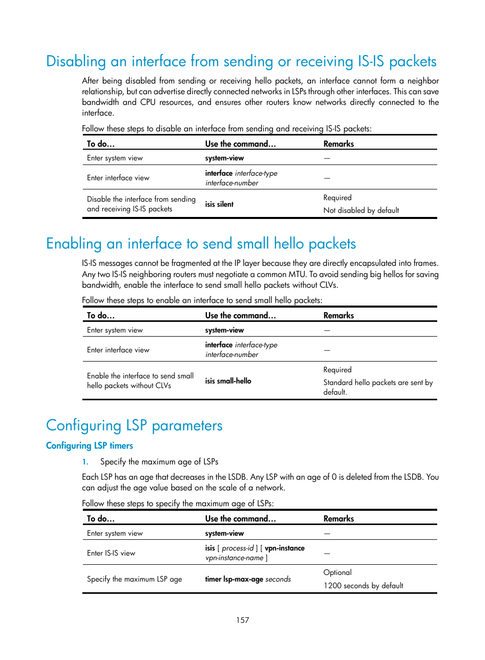 Enabling an interface to send small hello packets, Configuring lsp parameters, Configuring lsp timers | H3C Technologies H3C S10500 Series Switches User Manual | Page 172 / 397