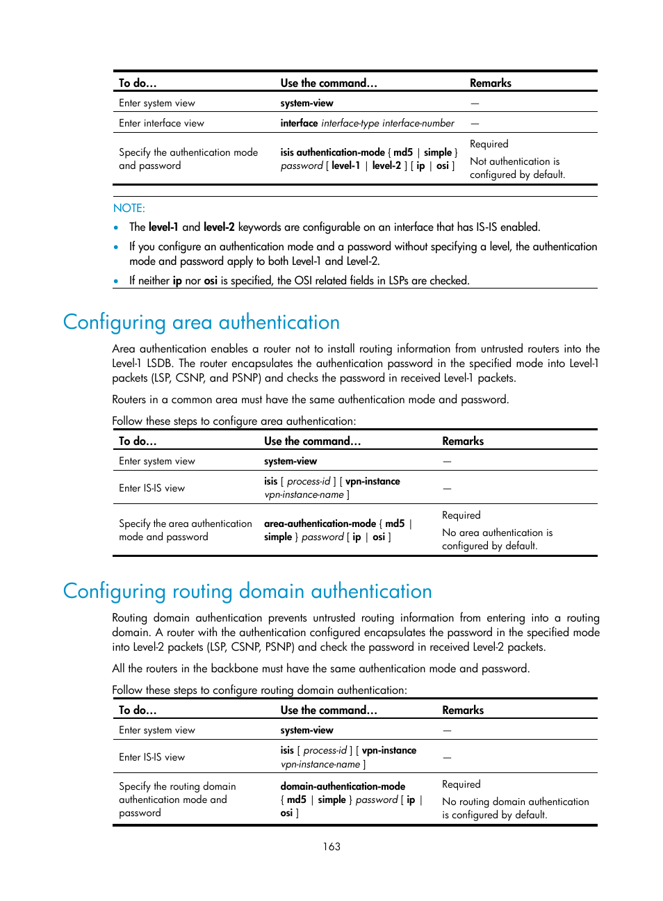 Configuring area authentication, Configuring routing domain authentication | H3C Technologies H3C S10500 Series Switches User Manual | Page 178 / 397