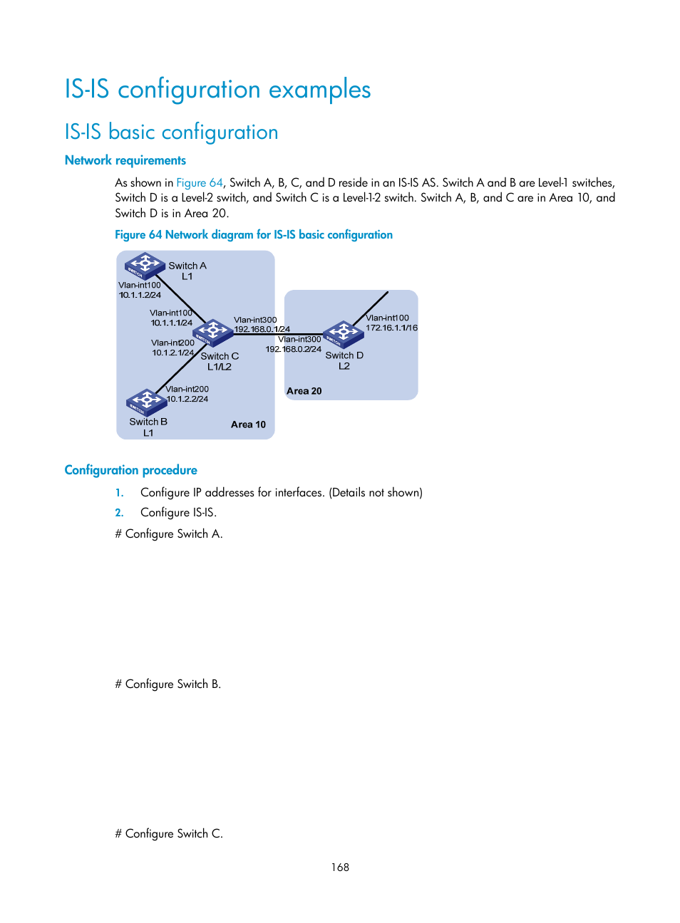 Is-is configuration examples, Is-is basic configuration, Network requirements | Configuration procedure | H3C Technologies H3C S10500 Series Switches User Manual | Page 183 / 397
