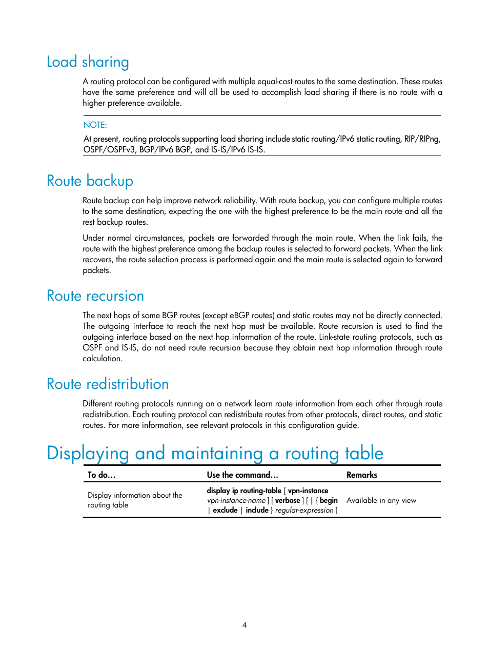 Load sharing, Route backup, Route recursion | Route redistribution, Displaying and maintaining a routing table | H3C Technologies H3C S10500 Series Switches User Manual | Page 19 / 397