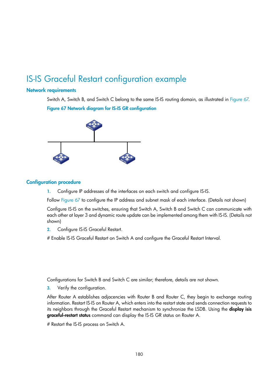 Is-is graceful restart configuration example, Network requirements, Configuration procedure | H3C Technologies H3C S10500 Series Switches User Manual | Page 195 / 397