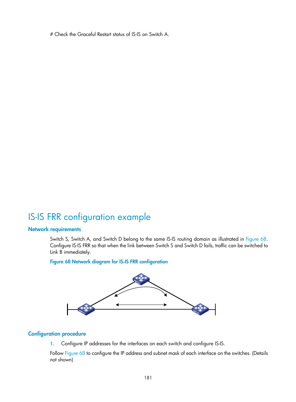 Is-is frr configuration example, Network requirements, Configuration procedure | H3C Technologies H3C S10500 Series Switches User Manual | Page 196 / 397