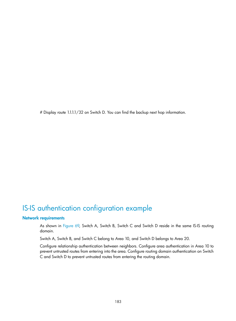 Is-is authentication configuration example, Network requirements | H3C Technologies H3C S10500 Series Switches User Manual | Page 198 / 397