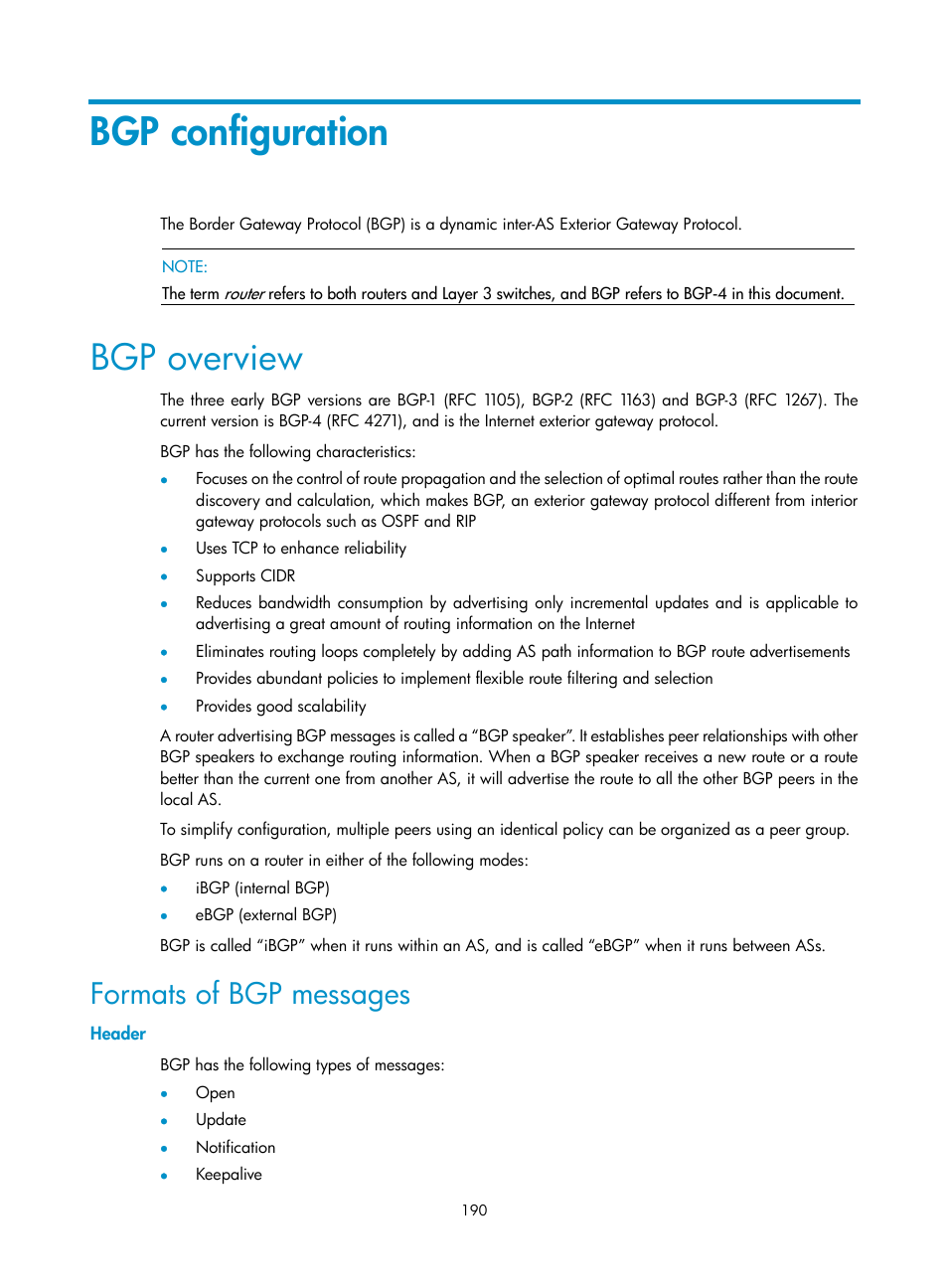 Bgp configuration, Bgp overview, Formats of bgp messages | Header | H3C Technologies H3C S10500 Series Switches User Manual | Page 205 / 397