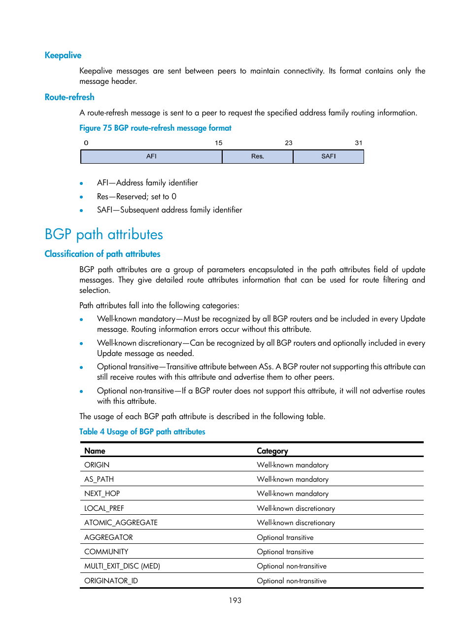 Keepalive, Route-refresh, Bgp path attributes | Classification of path attributes | H3C Technologies H3C S10500 Series Switches User Manual | Page 208 / 397