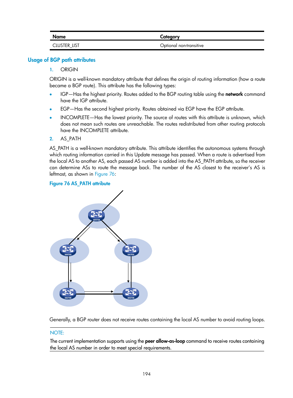 Usage of bgp path attributes | H3C Technologies H3C S10500 Series Switches User Manual | Page 209 / 397