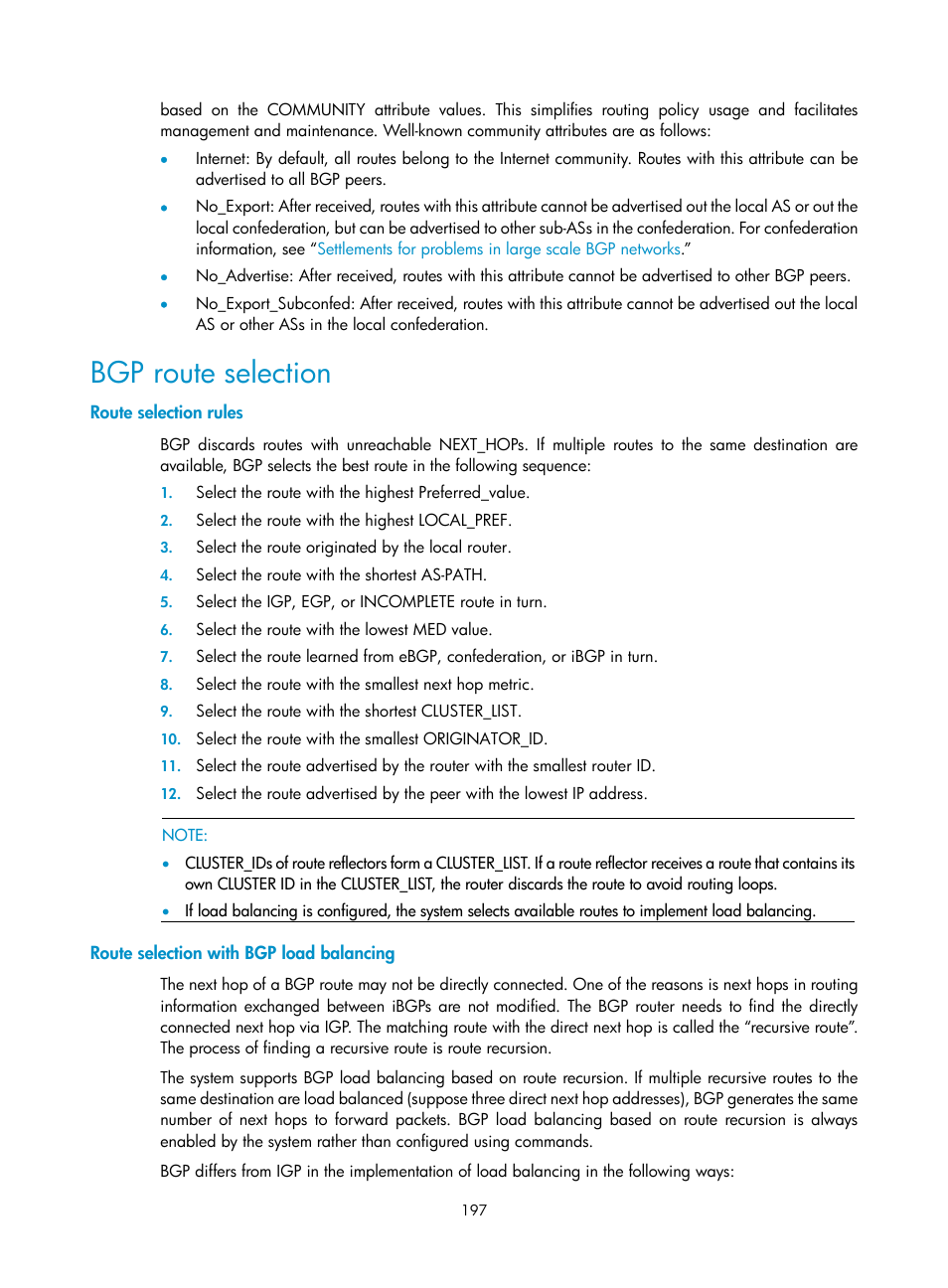 Bgp route selection, Route selection rules, Route selection with bgp load balancing | H3C Technologies H3C S10500 Series Switches User Manual | Page 212 / 397