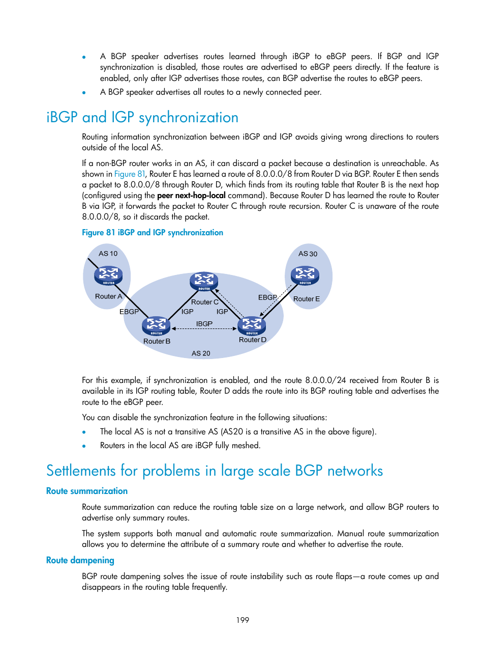 Ibgp and igp synchronization, Route summarization, Route dampening | H3C Technologies H3C S10500 Series Switches User Manual | Page 214 / 397