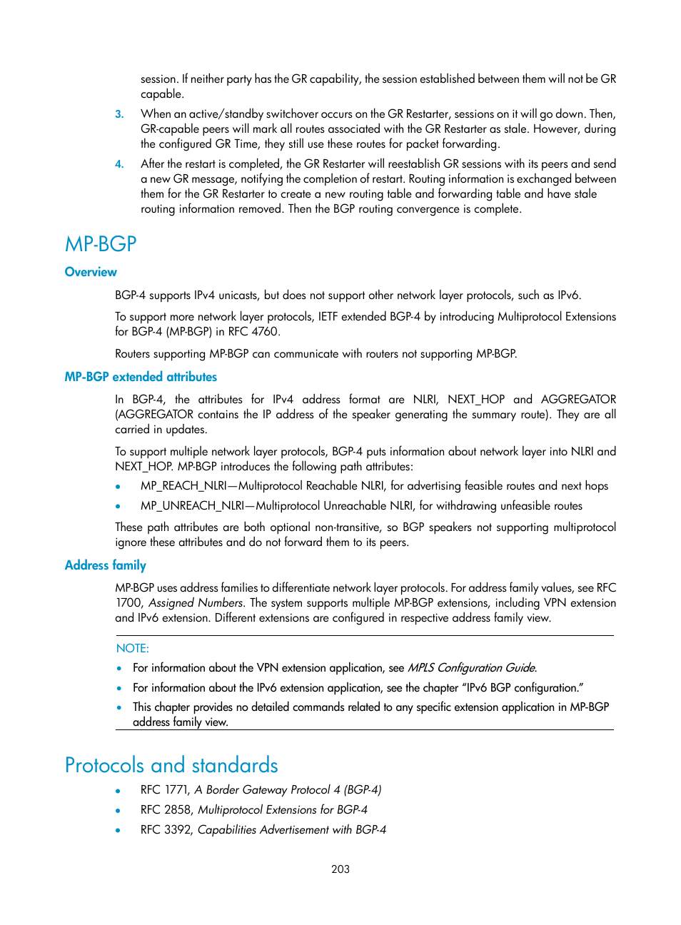Mp-bgp, Overview, Mp-bgp extended attributes | Address family, Protocols and standards | H3C Technologies H3C S10500 Series Switches User Manual | Page 218 / 397