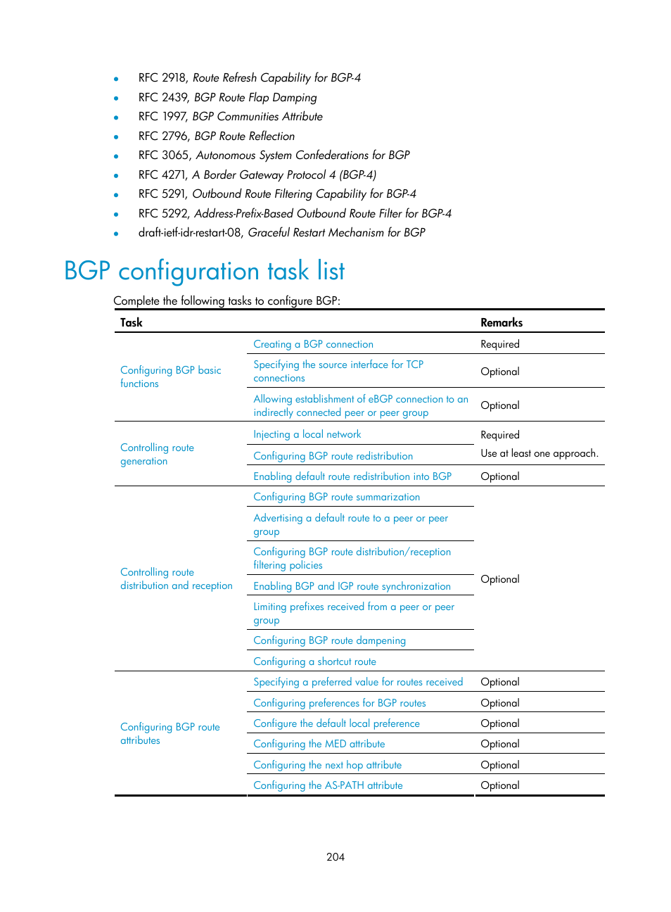 Bgp configuration task list | H3C Technologies H3C S10500 Series Switches User Manual | Page 219 / 397