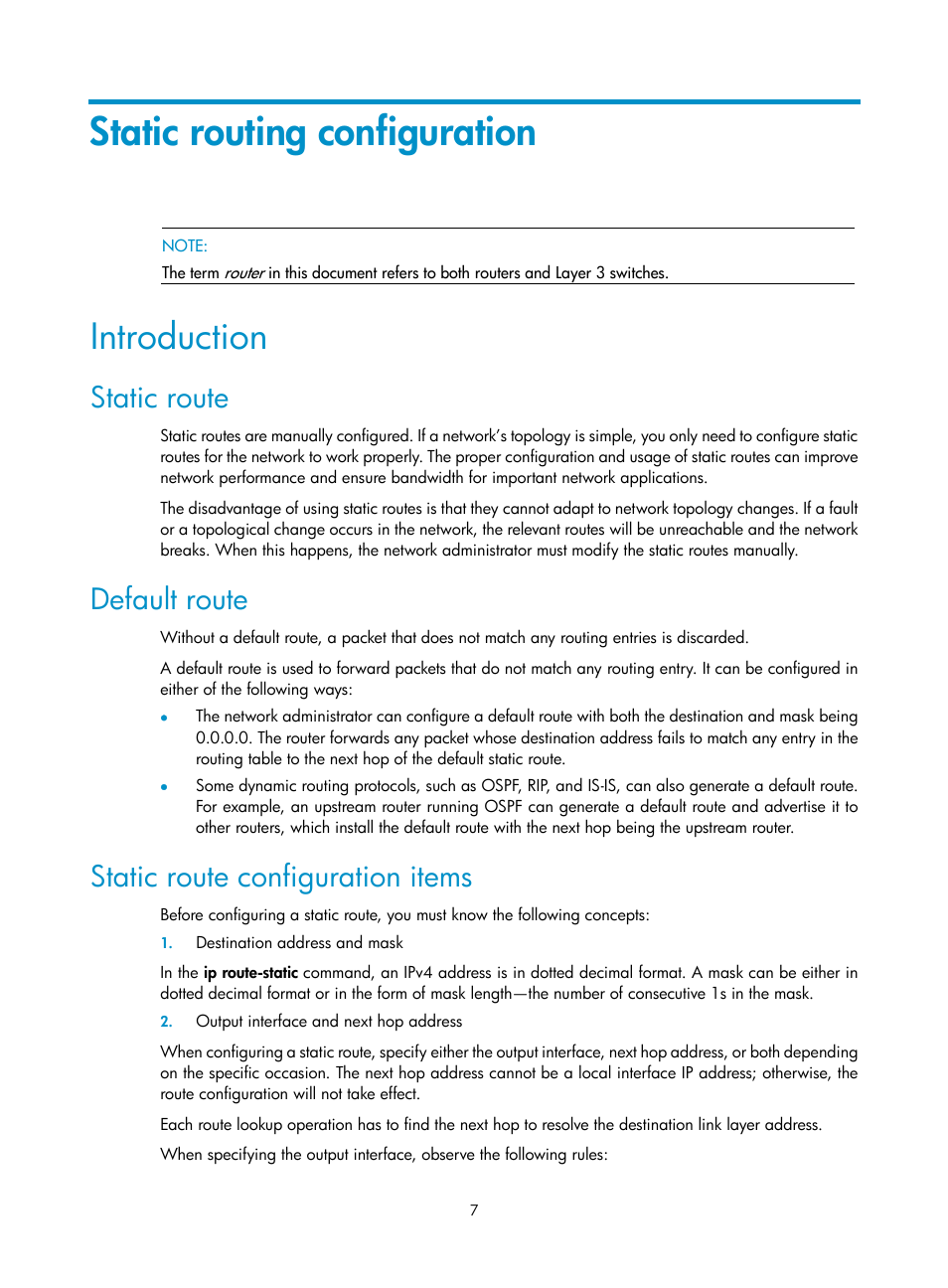 Static routing configuration, Introduction, Static route | Default route, Static route configuration items | H3C Technologies H3C S10500 Series Switches User Manual | Page 22 / 397