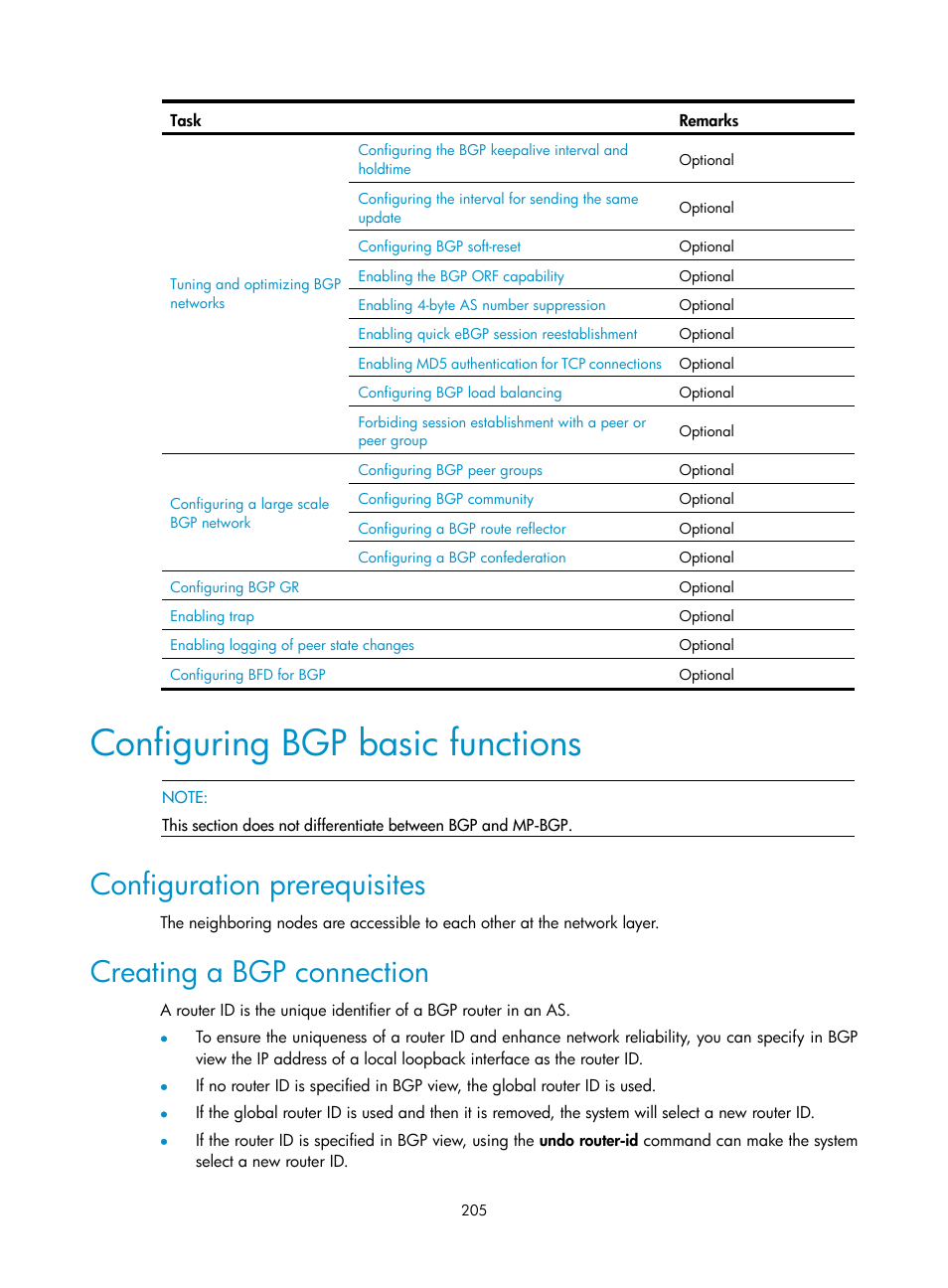 Configuring bgp basic functions, Configuration prerequisites, Creating a bgp connection | H3C Technologies H3C S10500 Series Switches User Manual | Page 220 / 397