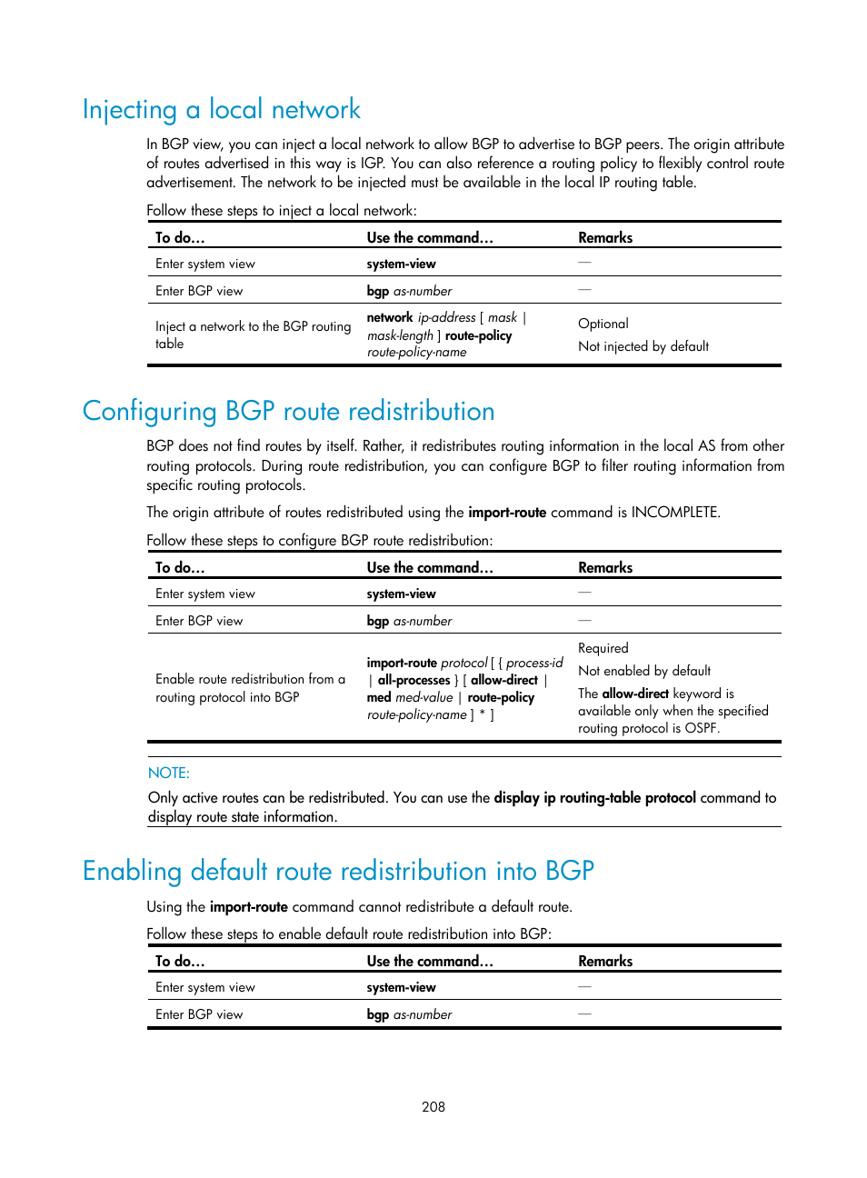 Injecting a local network, Configuring bgp route redistribution, Enabling default route redistribution into bgp | H3C Technologies H3C S10500 Series Switches User Manual | Page 223 / 397