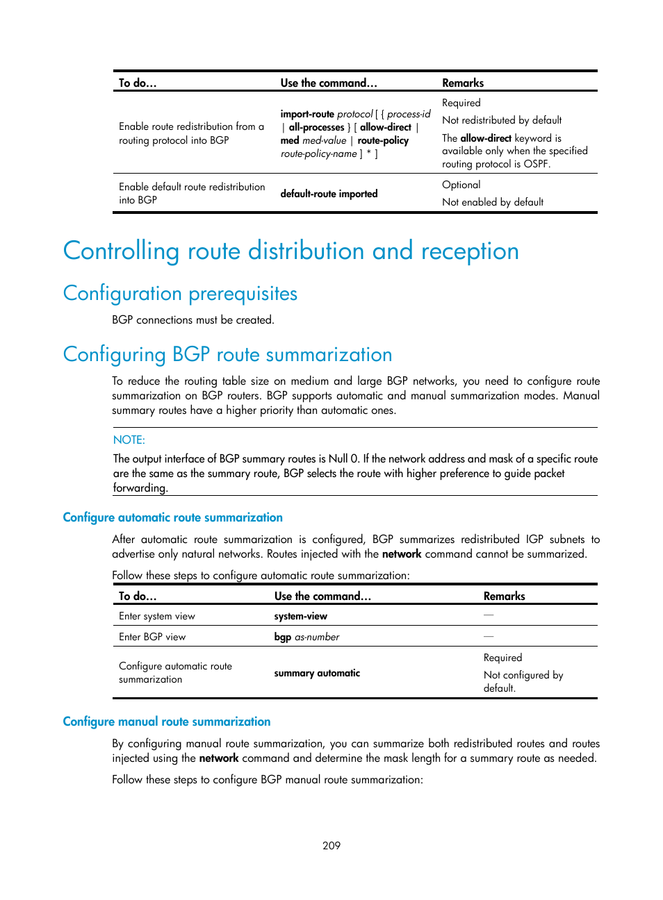 Controlling route distribution and reception, Configuration prerequisites, Configuring bgp route summarization | Configure automatic route summarization, Configure manual route summarization | H3C Technologies H3C S10500 Series Switches User Manual | Page 224 / 397