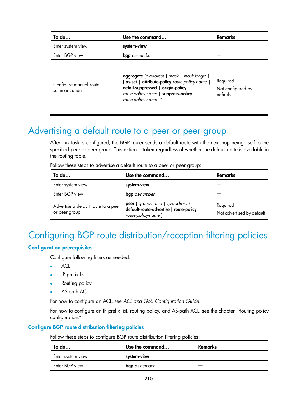 Configuration prerequisites, Advertising a default route to a peer or peer, Group | H3C Technologies H3C S10500 Series Switches User Manual | Page 225 / 397