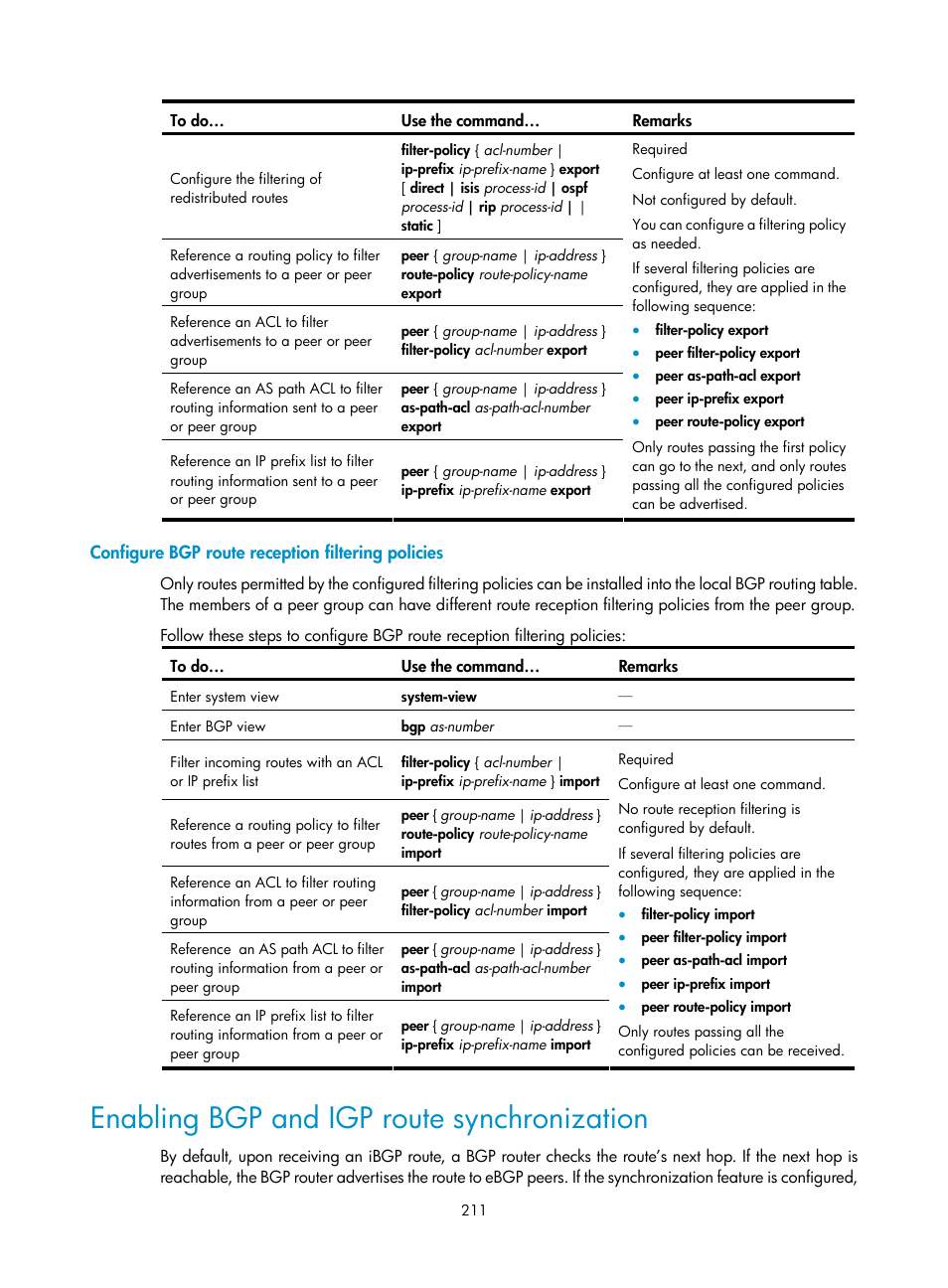 Configure bgp route reception filtering policies, Enabling bgp and igp route synchronization | H3C Technologies H3C S10500 Series Switches User Manual | Page 226 / 397