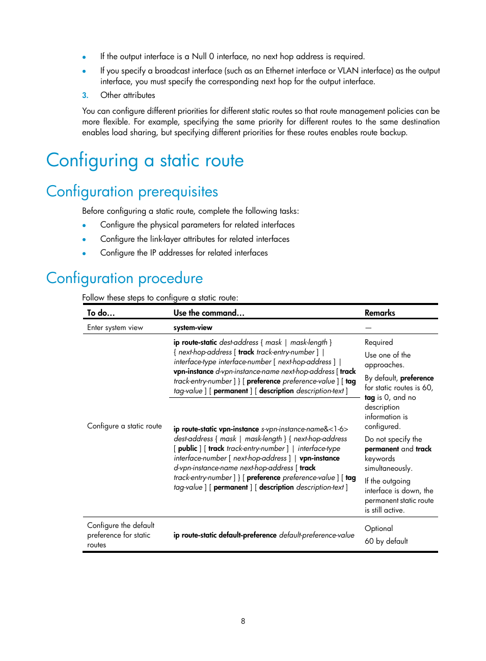Configuring a static route, Configuration prerequisites, Configuration procedure | H3C Technologies H3C S10500 Series Switches User Manual | Page 23 / 397