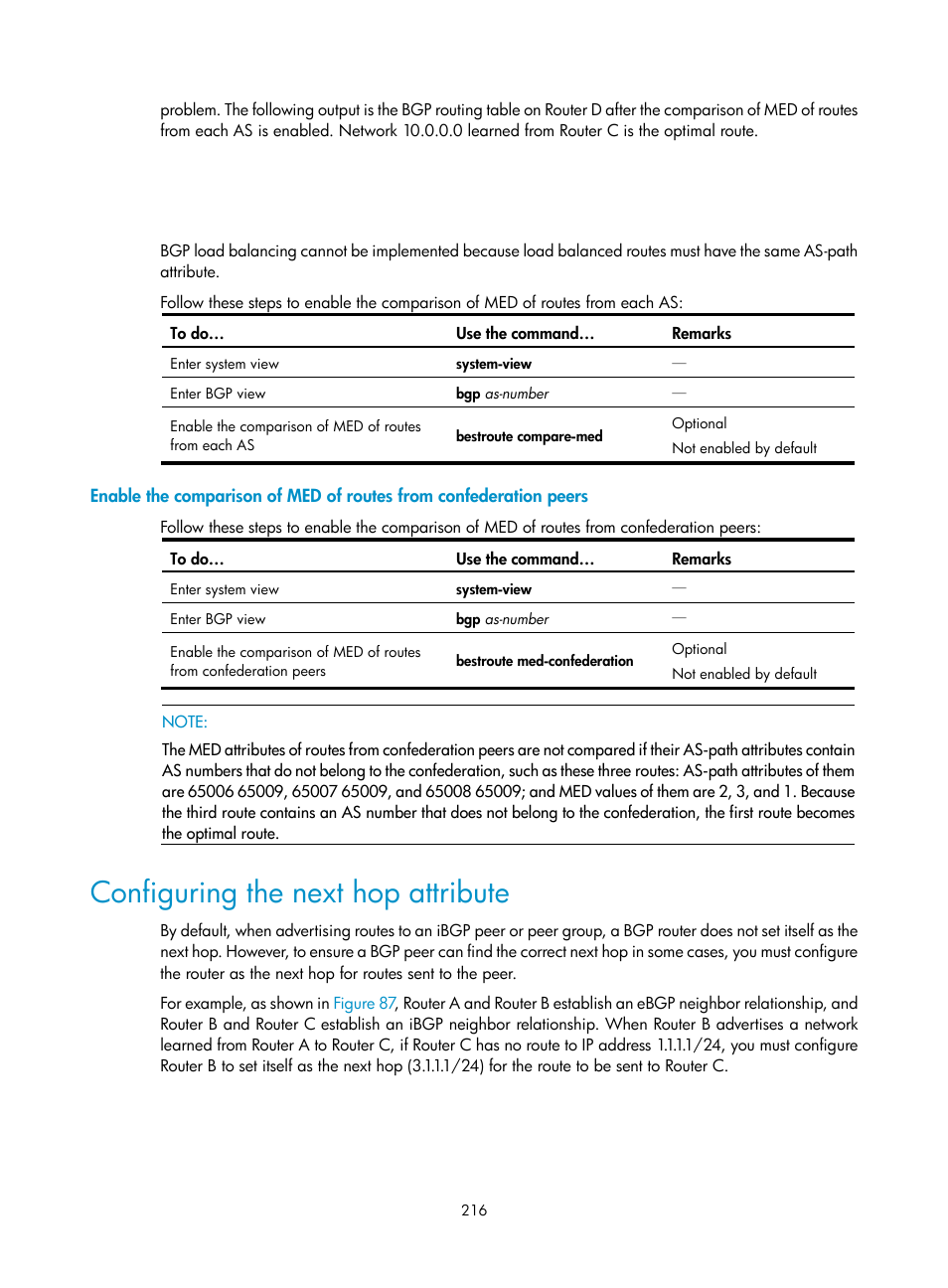 Configuring the next hop attribute | H3C Technologies H3C S10500 Series Switches User Manual | Page 231 / 397