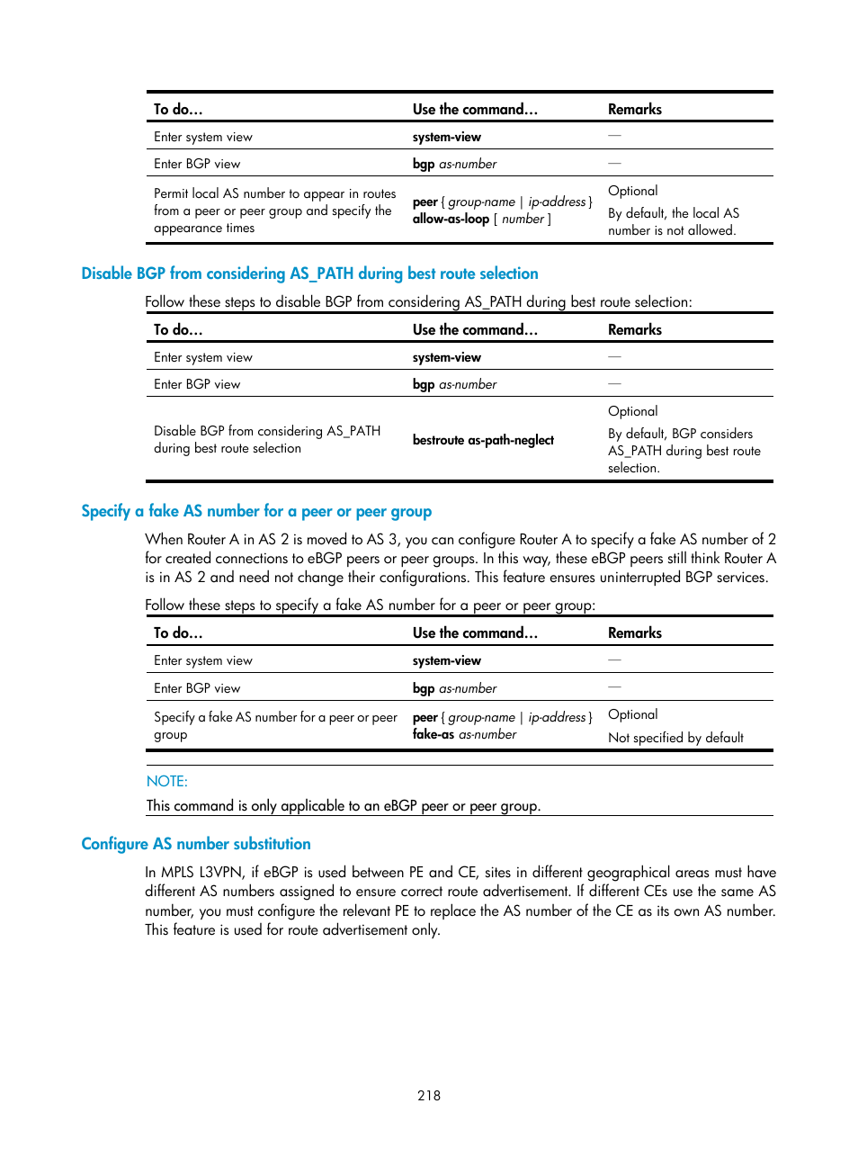 Specify a fake as number for a peer or peer group, Configure as number substitution | H3C Technologies H3C S10500 Series Switches User Manual | Page 233 / 397