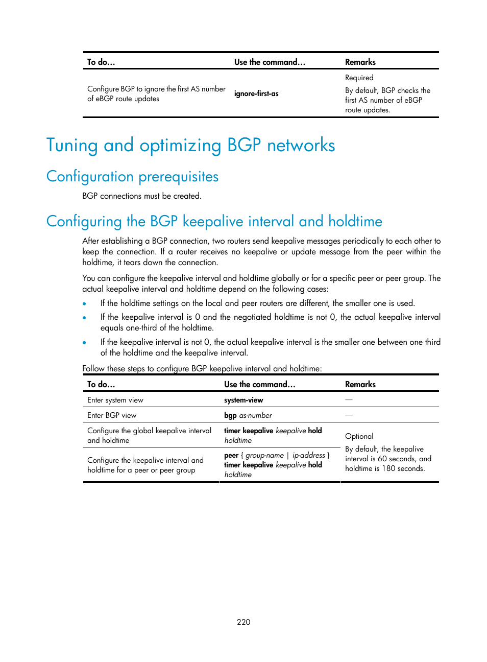 Tuning and optimizing bgp networks, Configuration prerequisites | H3C Technologies H3C S10500 Series Switches User Manual | Page 235 / 397