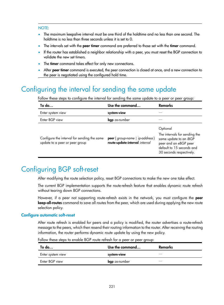 Configuring bgp soft-reset, Configure automatic soft-reset | H3C Technologies H3C S10500 Series Switches User Manual | Page 236 / 397