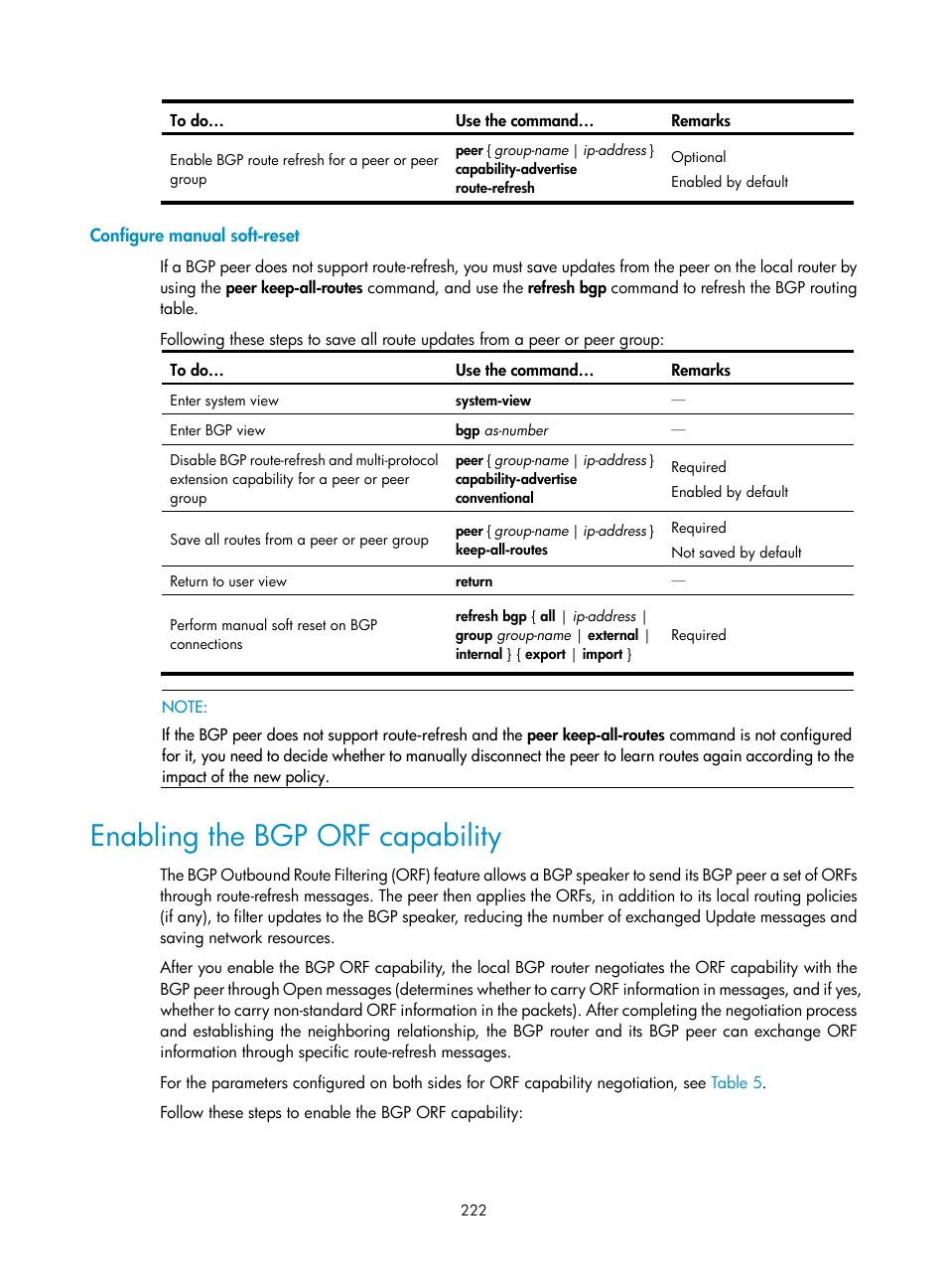 Configure manual soft-reset, Enabling the bgp orf capability | H3C Technologies H3C S10500 Series Switches User Manual | Page 237 / 397