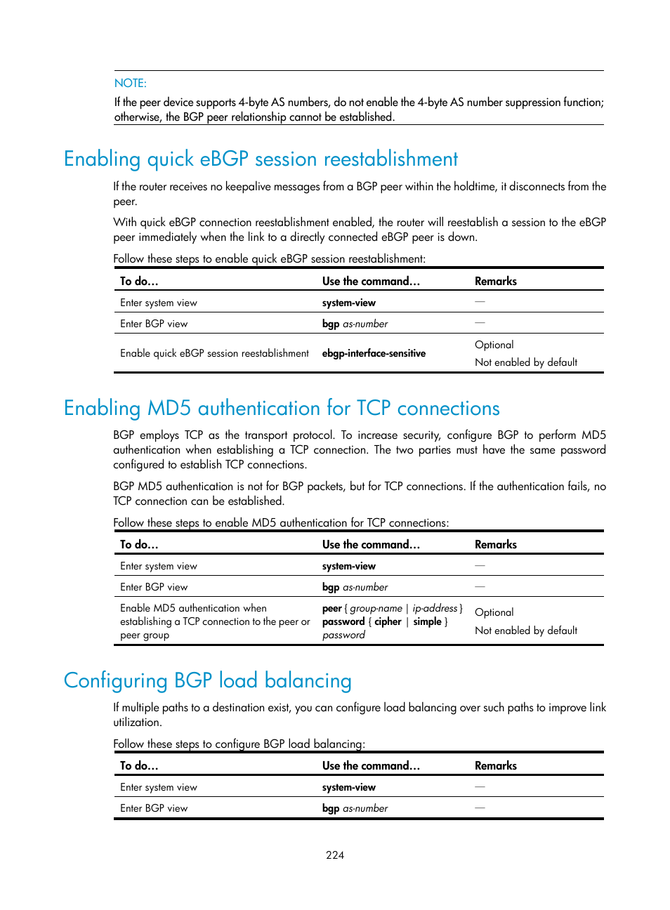 Enabling quick ebgp session reestablishment, Enabling md5 authentication for tcp connections, Configuring bgp load balancing | H3C Technologies H3C S10500 Series Switches User Manual | Page 239 / 397
