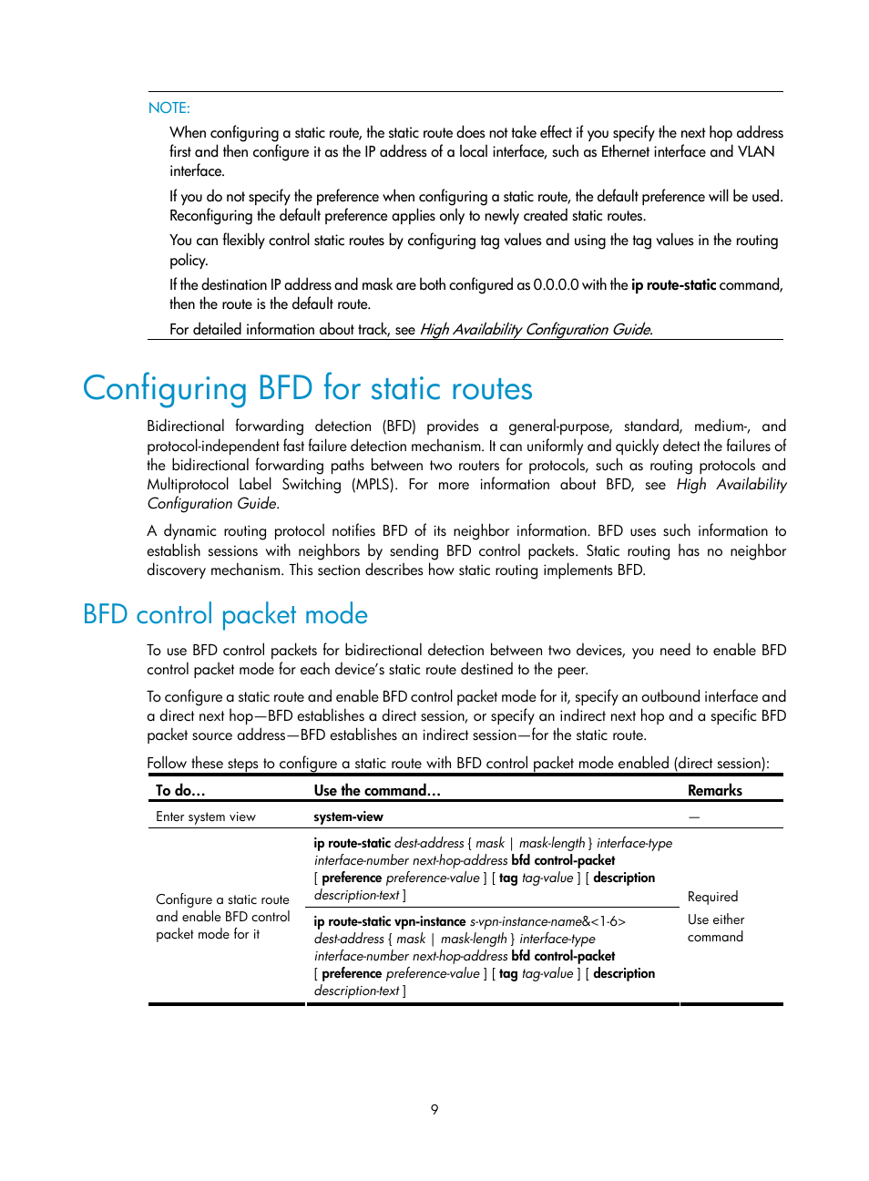 Configuring bfd for static routes, Bfd control packet mode | H3C Technologies H3C S10500 Series Switches User Manual | Page 24 / 397